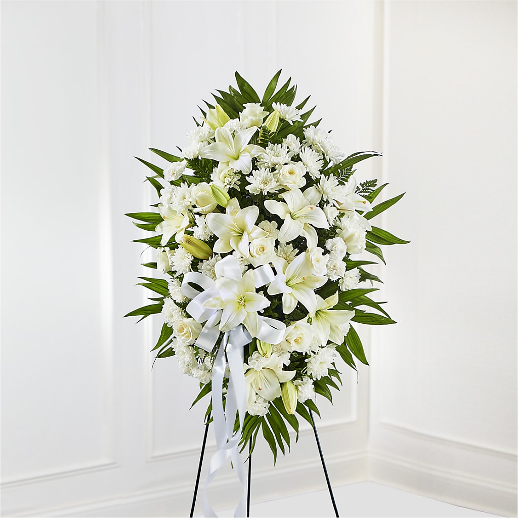 Exquisite Tribute Standing Spray-White Ribbon – County Seat Florist, Mays Landing NJ